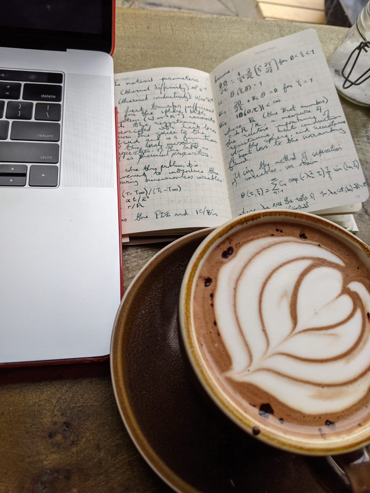 A notebook, a computer, and a cup of coffee.